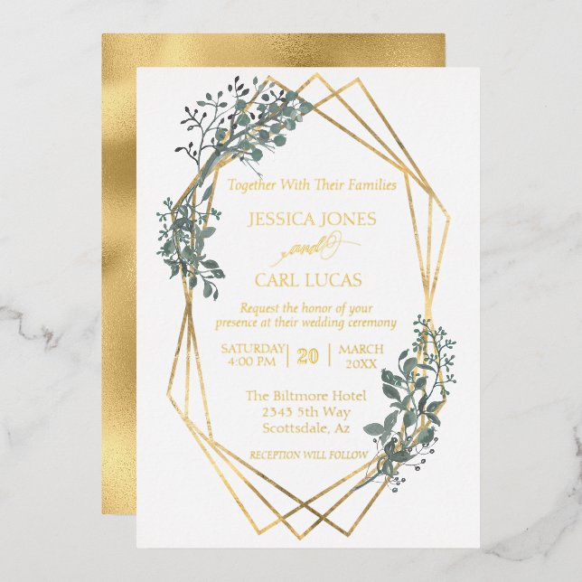 Real Gold Foil Wedding Foliage Blätter Frame Folieneinladung (Vorderseite/Rückseite)