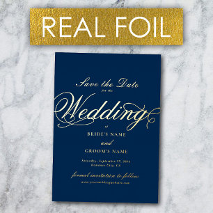 Real Gold Foil Wedding Navy Blue Save the Date Folieneinladung