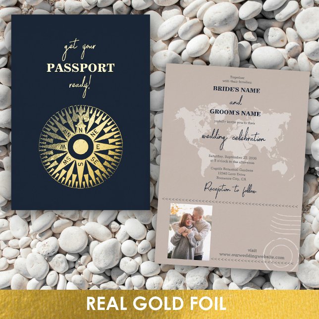 Real Gold Foil Wedding Passport Compass Wedding Folieneinladung (Real Gold Foil Wedding Passport Compass Wedding Foil Invitation)
