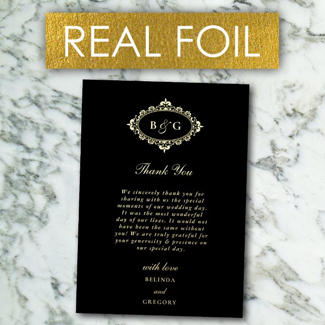Real Gold Foil Wreath Black Wedding Dankeschön Kar Folieneinladung (Real Gold Foil Wreath Black Wedding Thank You Card)