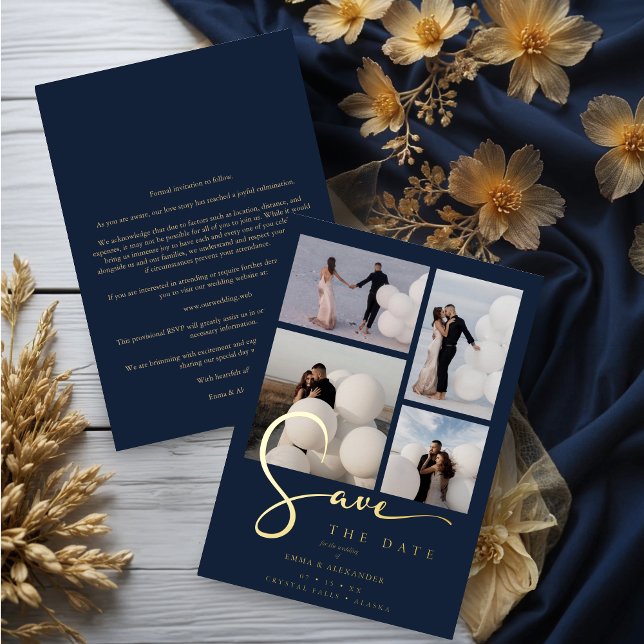 Real Gold Modern Collage in Navy Blue Fancy Script Folieneinladung (Real Gold Modern Collage in Navy Blue Fancy Script Calligraphy Save the Date Card with Envelope.)