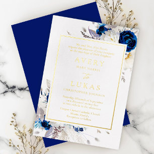 Real Gold Moderne blaue Blume Hochzeitsfoil Folieneinladung