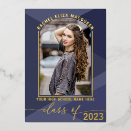 Real Gold Navy Blue Geometric Foto Abschluss Folieneinladung