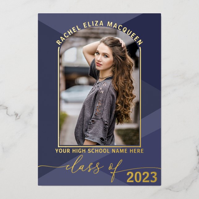 Real Gold Navy Blue Geometric Foto Abschluss Folieneinladung (Vorderseite)