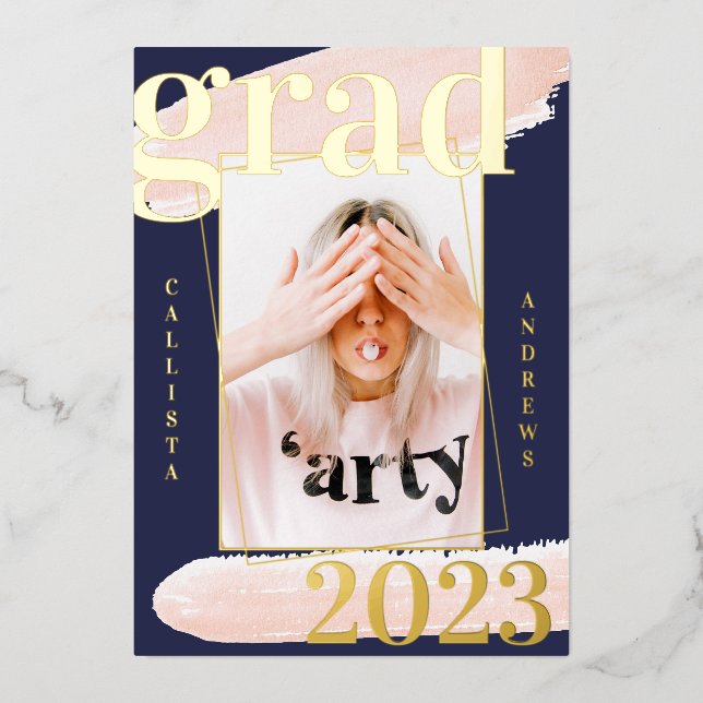 Real Gold Pink Blue Watercolor Foto Abschluss Folieneinladung (Vorderseite)