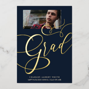 Real Golden & Navy Moderne Typografie Grad Foto Folieneinladung