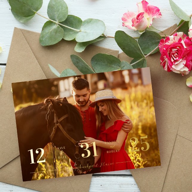Real Golden Stylish & Fun Unmatched Wedding Photo Folieneinladung (Real Golden Stylish & Fun Unmatched Wedding Photo Card Save the Date with Envelope.)
