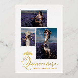 Real Golden Tiara Minimalistisch Quinceñera Spanis Folieneinladung
