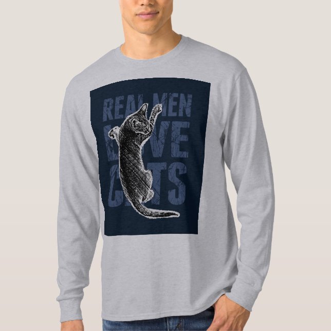 Real Men Liebe Katzen auf blauem Stahl T-Shirt (Vorderseite)