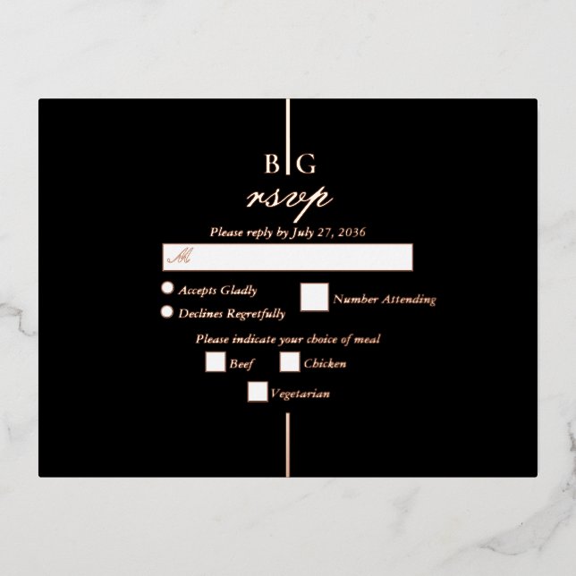 Real Rose Gold Foil Black Monogram Wedding RSVP Folie Einladungspostkarte (Vorderseite)