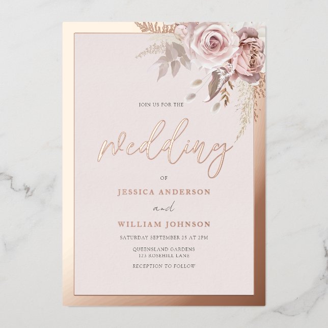 Real Rose Gold Foil Border Blush Floral Wedding Folieneinladung (Vorderseite)
