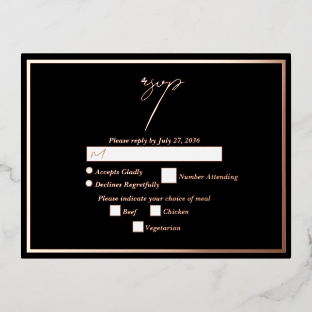 Real Rose Gold Foil Metallic Wedding RSVP Black Folie Einladungspostkarte (Vorderseite)