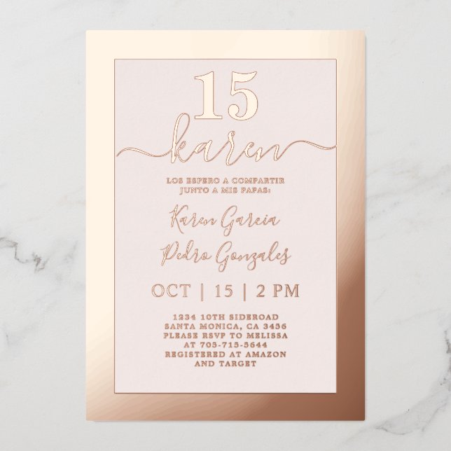 Real Rose Gold Quinceañera Einladung (Vorderseite)