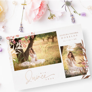 Real Rose Gold Quinceañera Trendy Zweig Spanish Folieneinladung