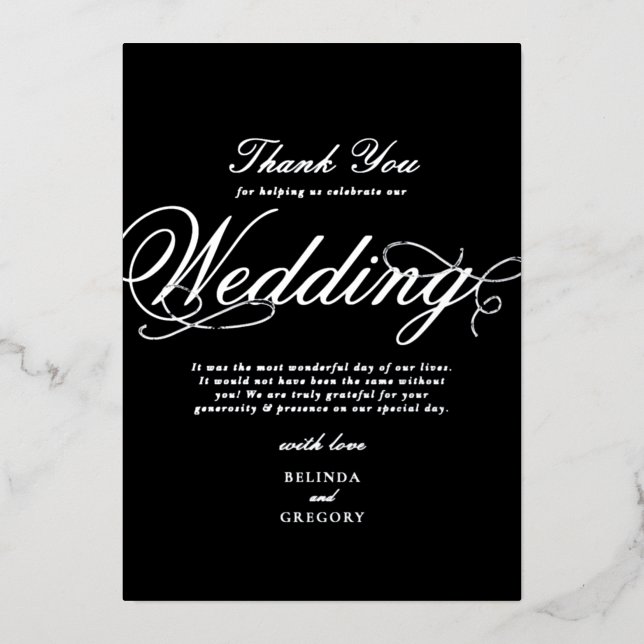 Real Silver Foil Black Wedding Vielen Dank Folieneinladung (Vorderseite)