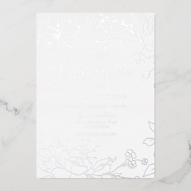 Real Silver Foil Blume Elegantes Quinceanera Party Folieneinladung (Vorderseite)