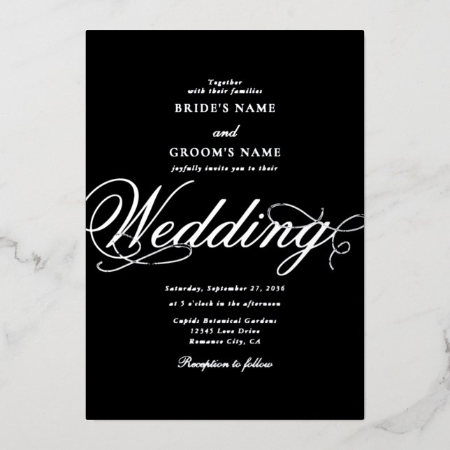 Real Silver Foil Classy Luxury Black Wedding Folieneinladung (Vorderseite)