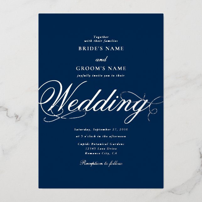 Real Silver Foil Classy Luxury Blue Wedding Folieneinladung (Vorderseite)