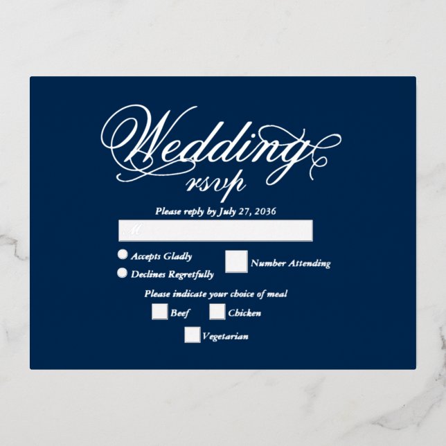 Real Silver Foil Elegane Luxury Blue Wedding RSVP Folie Einladungspostkarte (Vorderseite)