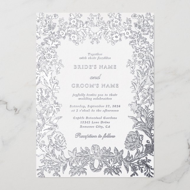 Real Silver Foil Elegante Botanische Hochzeit Folieneinladung (Vorderseite)