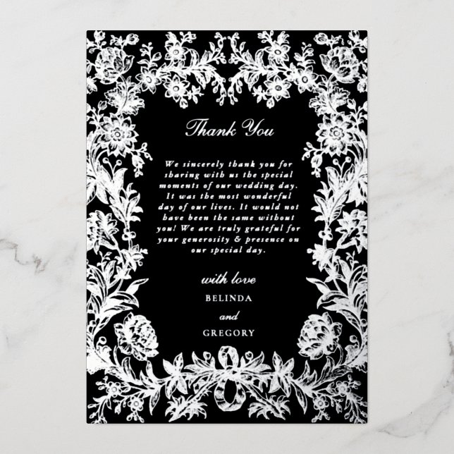 Real Silver Foil Floral Black Hochzeit Vielen Dank Folieneinladung (Vorderseite)