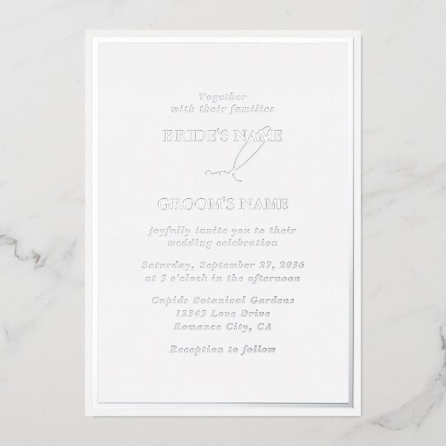 Real Silver Foil Moderne White & Silver Wedding Folieneinladung (Vorderseite)