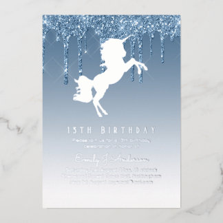 Real Silver Foil Unicorn Girly Birthday (ANY) Blue Folieneinladung