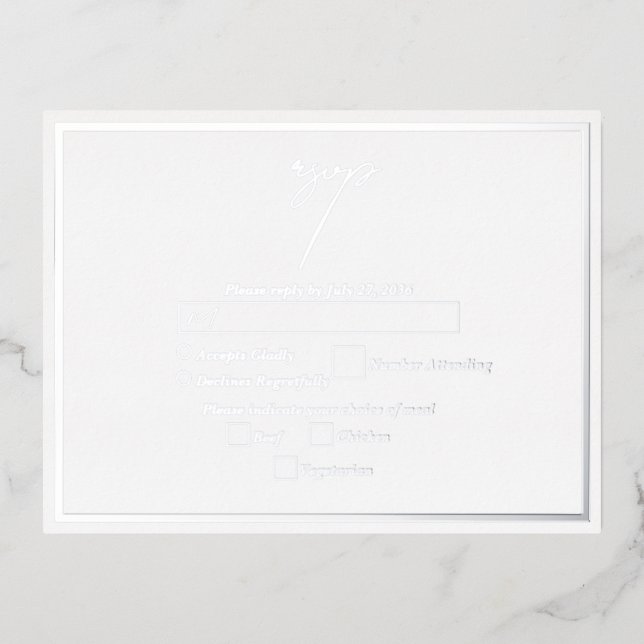 Real Silver Foil White & Silver Wedding RSVP Folie Einladungspostkarte (Vorderseite)