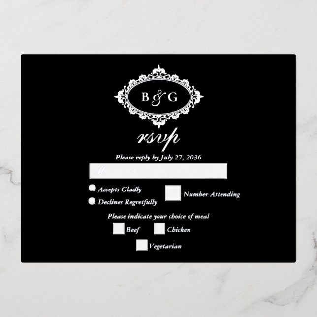Real Silver Foil Wreath White Wedding RSVP Black Folie Einladungspostkarte (Vorderseite)