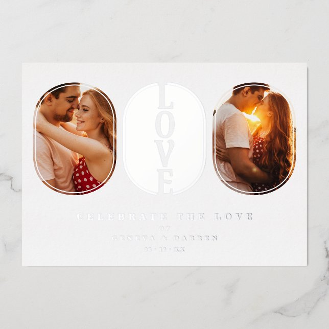 Real Silver Love Quote Wedding 2 Photos Couple Folieneinladung (Vorderseite)