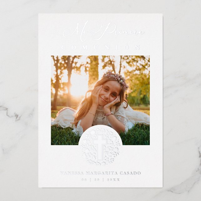 Real Silver Romantic Floral Wreath Photo Folieneinladung (Vorderseite)