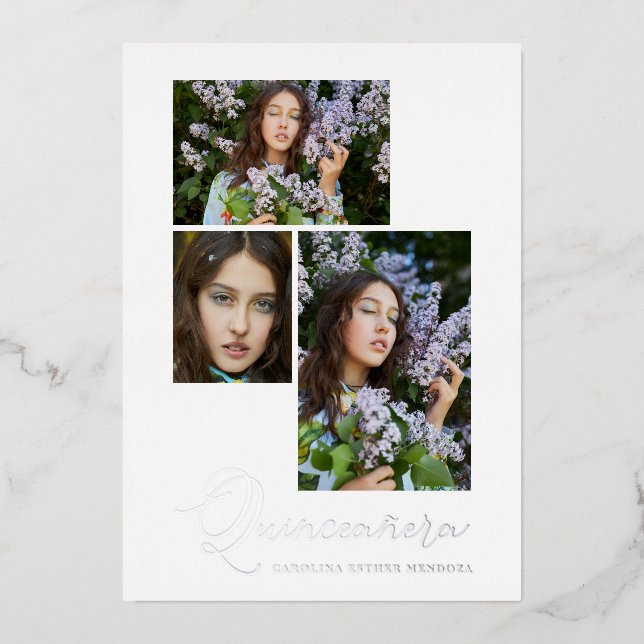 Real Silver Simple Quinceañera Spanisch 3 Fotos Folieneinladung (Vorderseite)