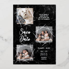 Real Silver Three Photos Dog Wedding Faux Marble Folieneinladung
