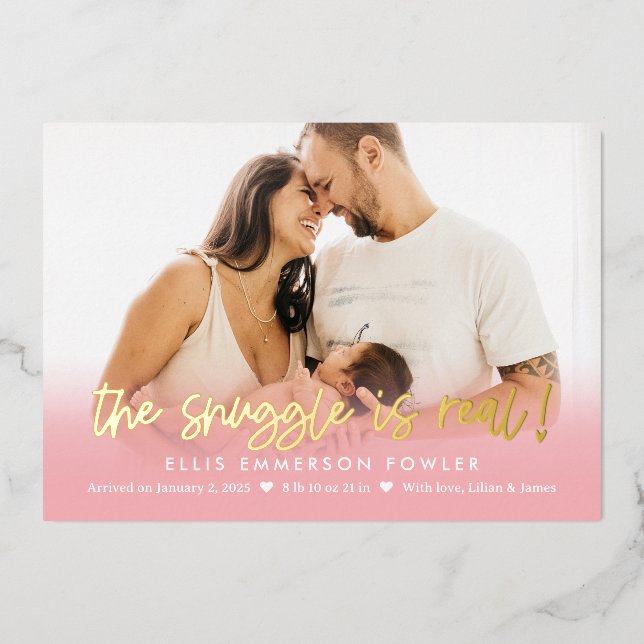 Real Snuggle Foil Fun Baby Birth Ankündigung (Vorderseite)