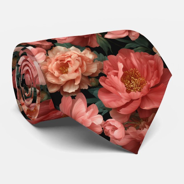 Realistic Coral Peony Floral Pattern Krawatte (Gerollt)