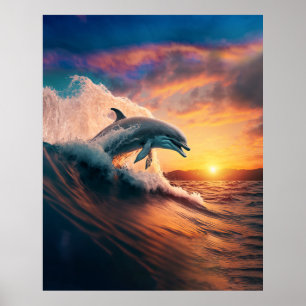 Realistic Dolphin Jumping Ocean Sunset Kids Adult  Poster