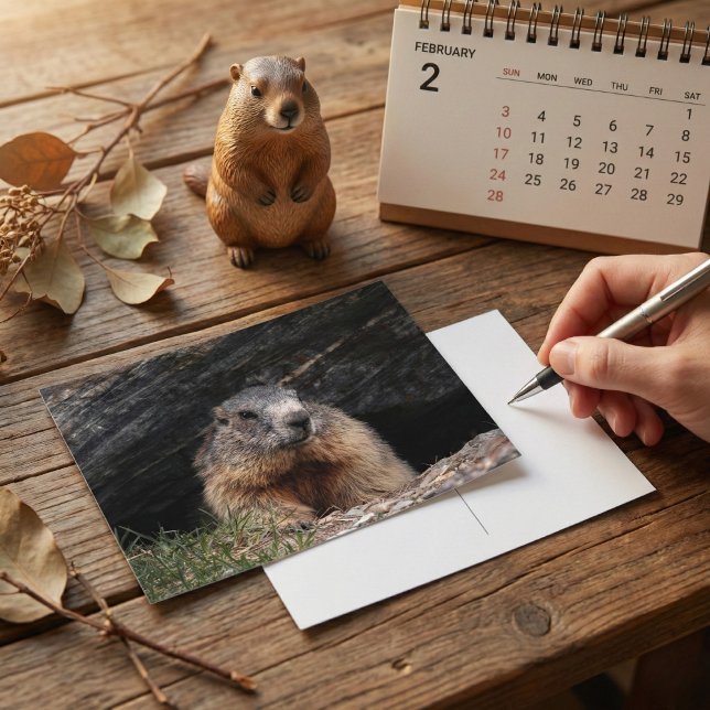 Realistic Nature Groundhog Peeking From Rocky Cave Postkarte (Von Creator hochgeladen)