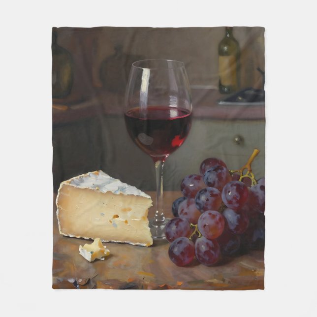 Realistic Red Wine Cheese Grapes Still Life Fleecedecke (Vorderseite)