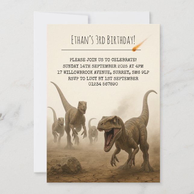 Realistic Velociraptor Pack with Meteor Birthday Einladung (Vorderseite)