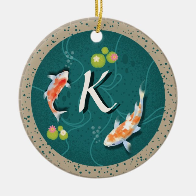Realistisch grüner japanischer Koi-Fischteich Keramik Ornament (Vorne)