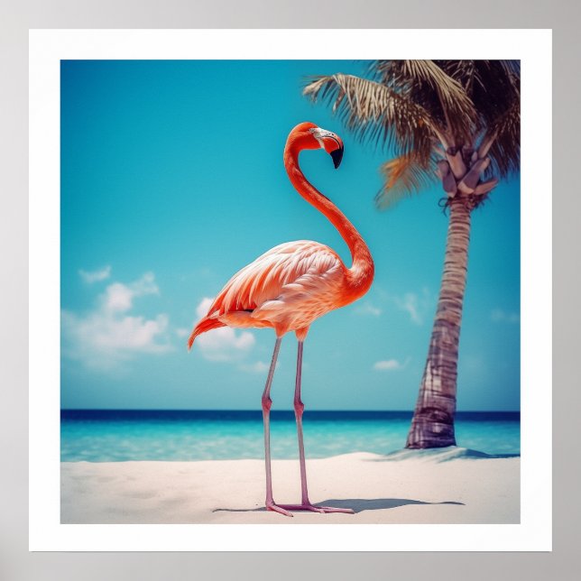 Realistisch rosa Flamingo auf Beach Poster (Vorne)