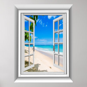 Realistische 3D-Strandszene - Falsche Fensteransic Poster