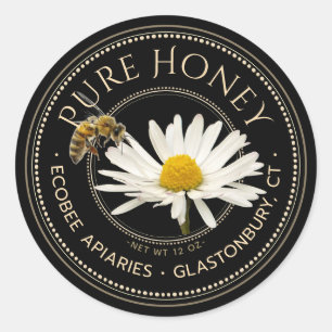 Realistische Beere und Daisy Honey Label Black Runder Aufkleber