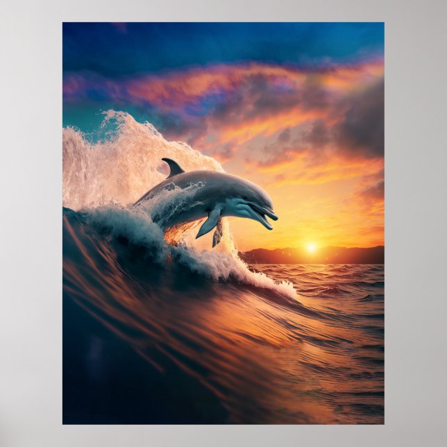 Realistische Dolphin Jumping Ocean Sunset Kids Adu Poster (Vorne)
