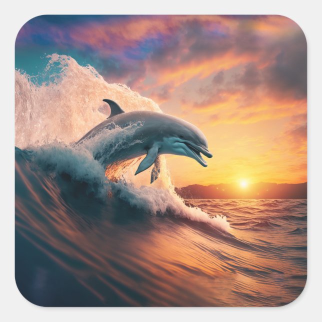 Realistische Dolphin Jumping Ocean Sunset Kids Adu Quadratischer Aufkleber (Vorderseite)