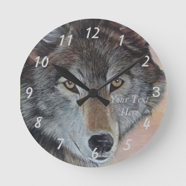 Realistische Gemälde von Grauwolf Runde Wanduhr (Vorderseite)