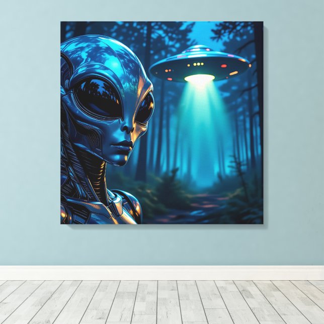 Realistische Hyper-Alien und UFO im Wald Leinwanddruck (Insitu (Holzboden))