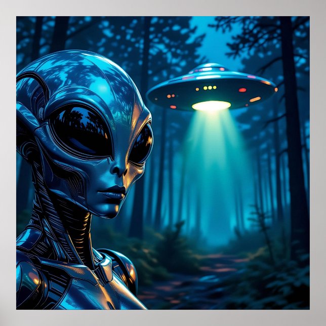 Realistische Hyper-Alien und UFO im Wald Poster (Vorne)