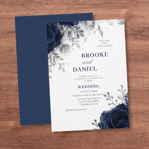 Realistische Navy-Rosen-Silber-Glitter-Hochzeit Einladung
