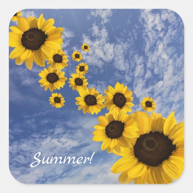 Realistische Sonnenblumen blauer Himmel flauschige Quadratischer Aufkleber (Vorderseite)